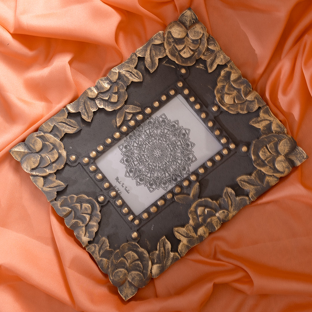 Handcarved Wooden Floral Photo Frame in Grey