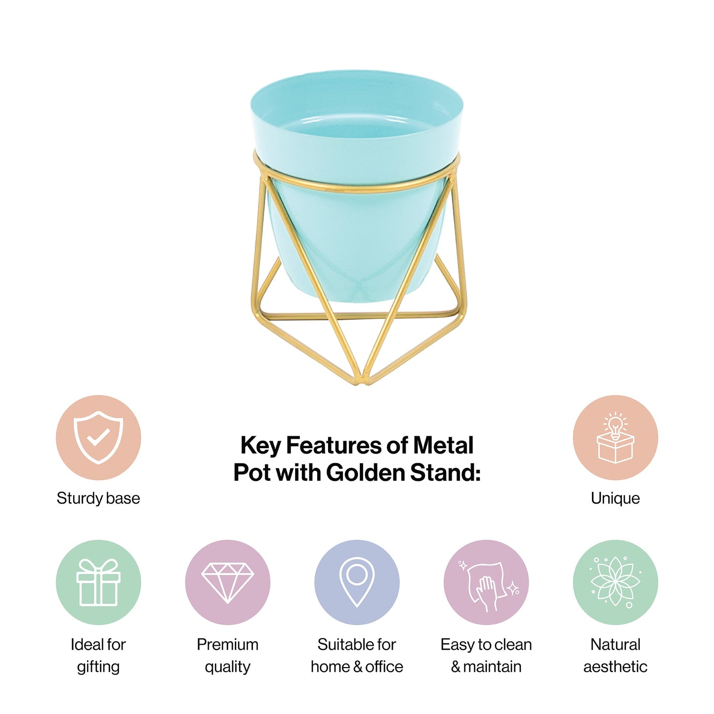 Single Golden Metal Pot Plant Stand In Horizon Blue