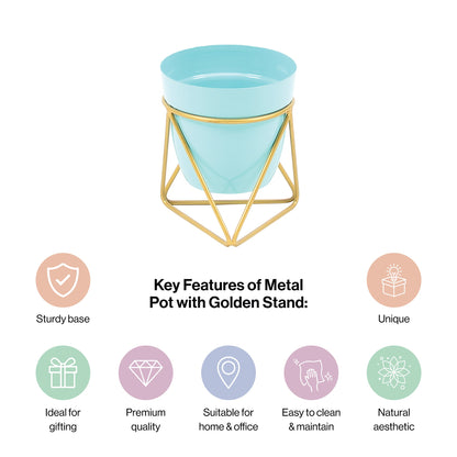 Single Golden Metal Pot Plant Stand In Horizon Blue