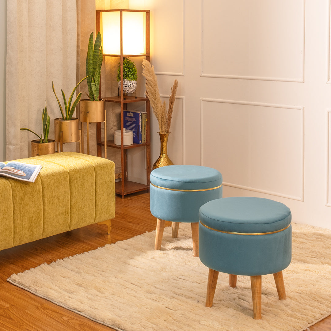 Ottoman Stool With Piping In Powder Blue - Combo Of 2