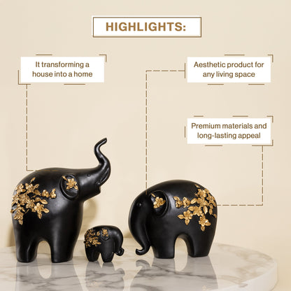 Polyresin Black Golden Elephant Statue Figurine for Home Decor-Family Set of 3