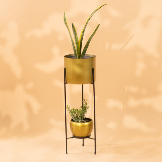 Gold Metal Round Two-Tier Plant Stand Pot