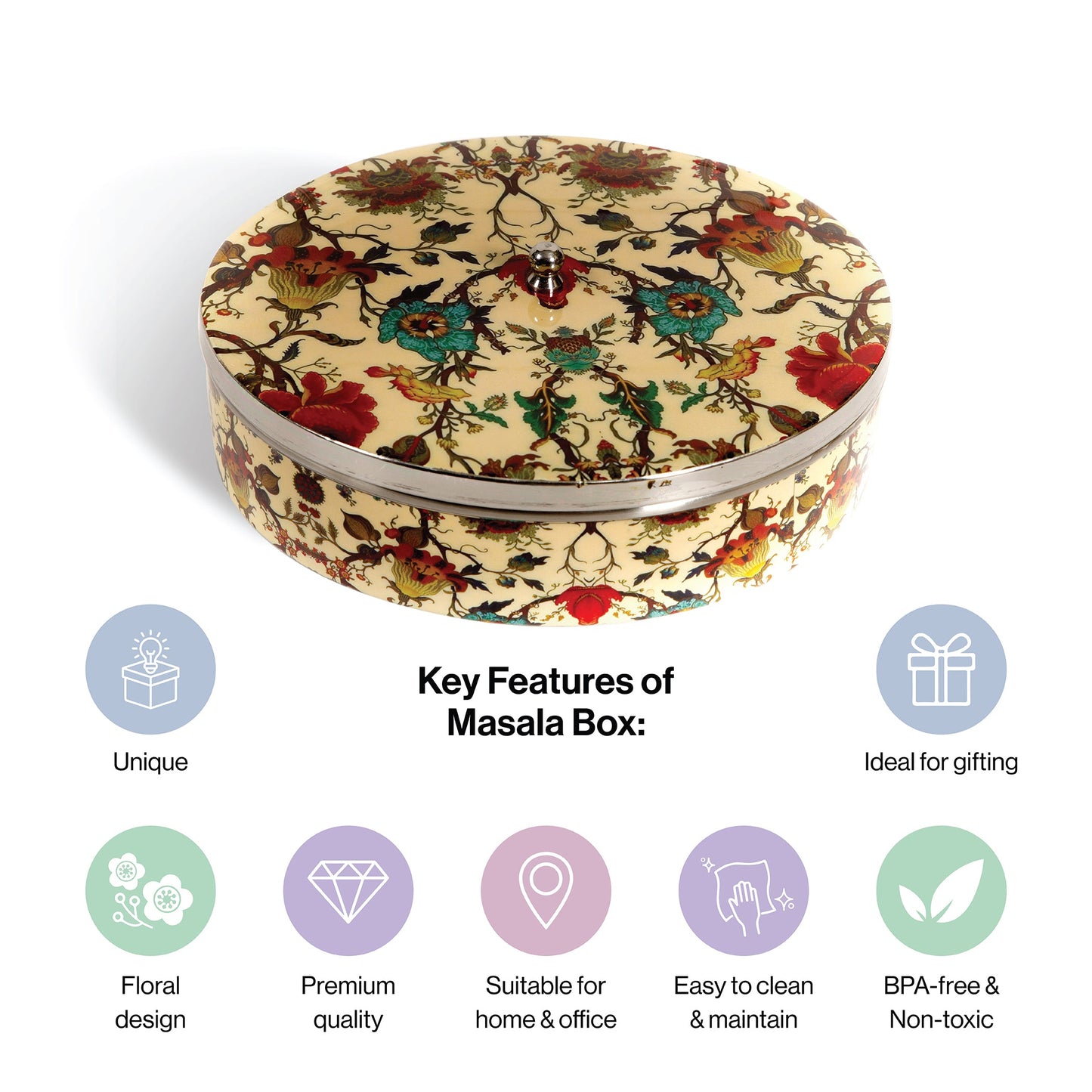Stainless Steel Round Spice Box Masala Box Dabba for Kitchen Decor-Peach Floral Prints Pattern