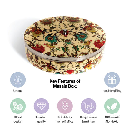 Stainless Steel Round Spice Box Masala Box Dabba for Kitchen Decor-Peach Floral Prints Pattern