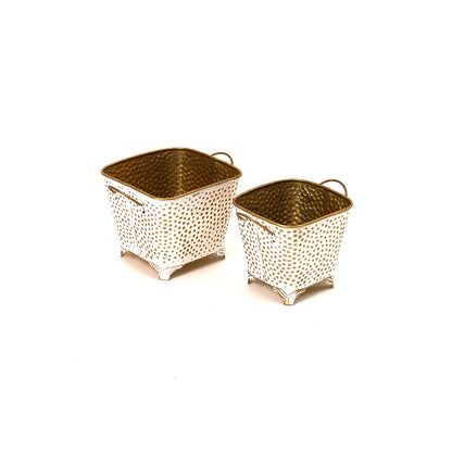 Polka Dotted Square Basket Planter in White