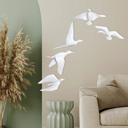 Resin Flying Birds Wall Hanging In White Frost (Set Of 5)