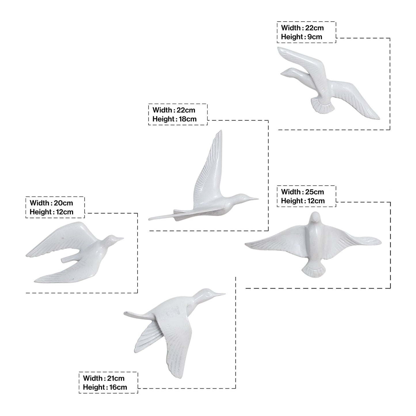 Resin Flying Birds Wall Hanging In White Frost (Set Of 5)