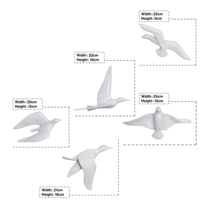 Resin Flying Birds Wall Hanging In White Frost (Set Of 5)