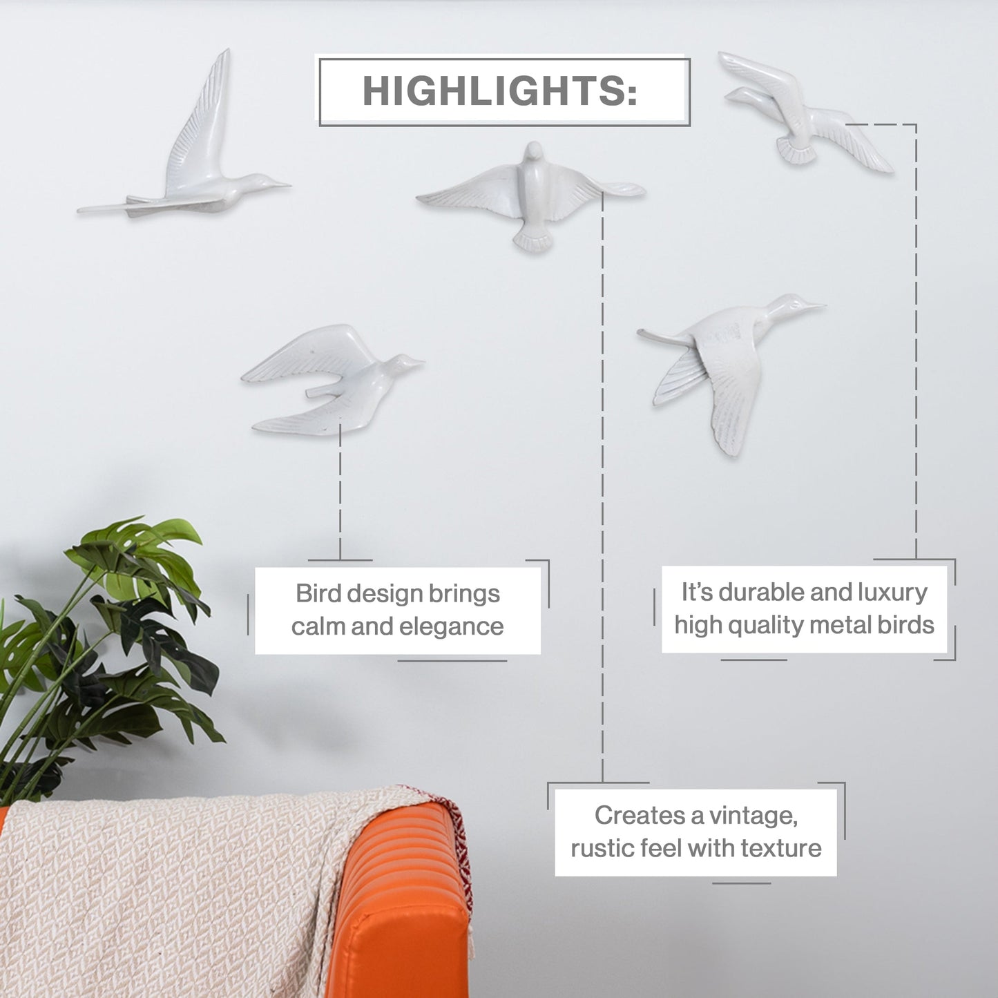 Resin Flying Birds Wall Hanging In White Frost (Set Of 5)