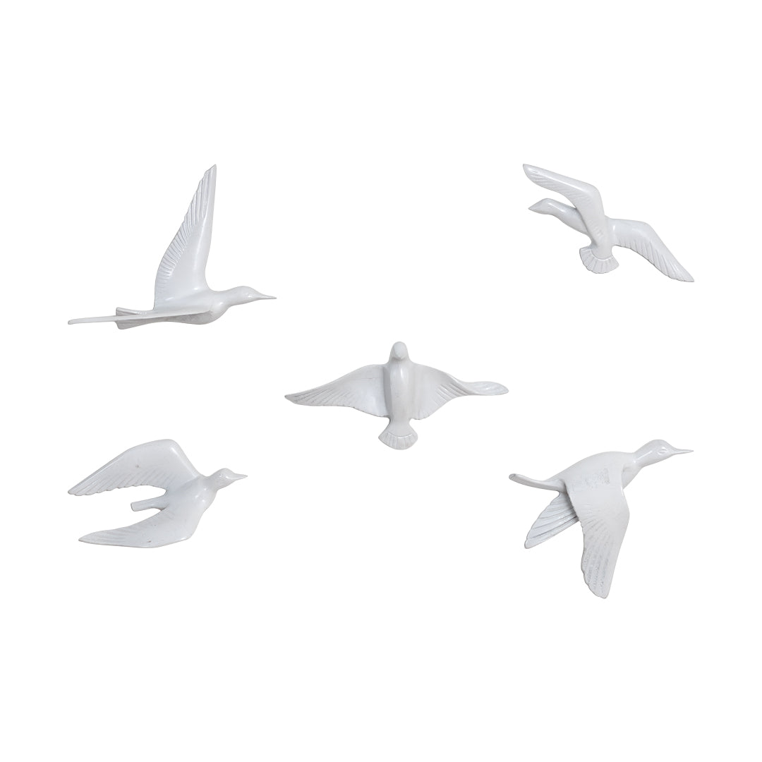 Resin Flying Birds Wall Hanging In White Frost (Set Of 5)