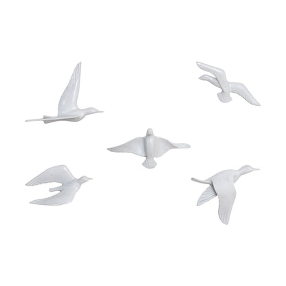 Resin Flying Birds Wall Hanging In White Frost (Set Of 5)