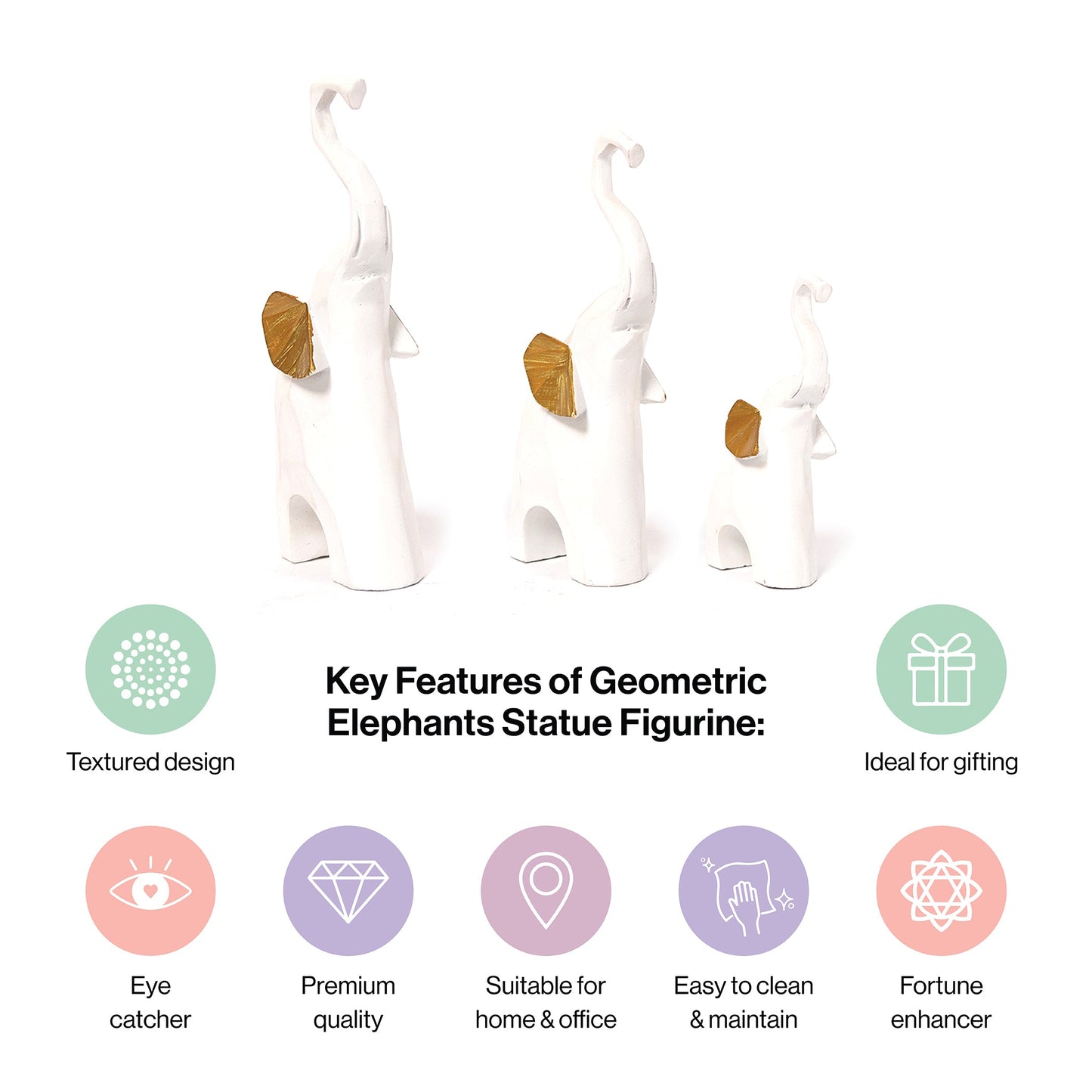 Set of 3 Geometric white Elephants Statue Figurine for Home Decor