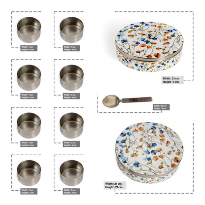 Stainless Steel Round Spice Box Masala Box Dabba for Kitchen Decor-White Floral Prints Pattern