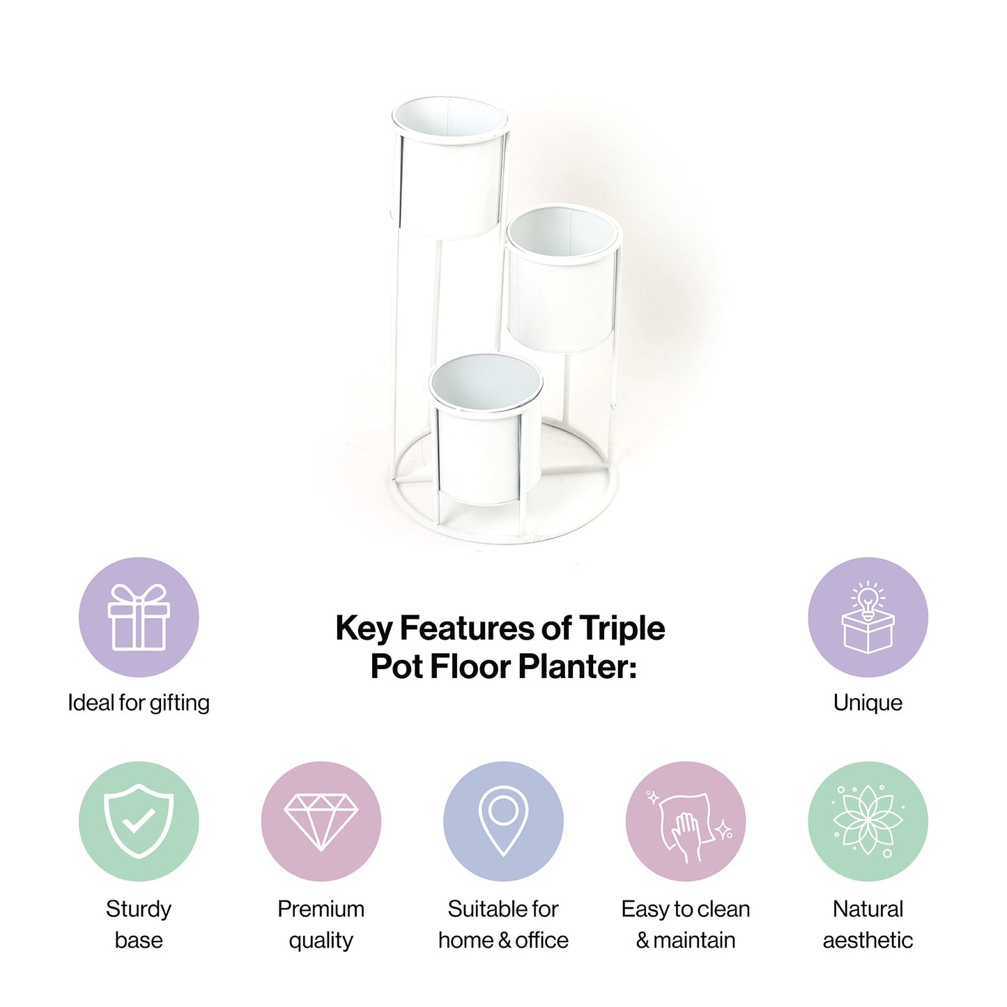 Floor Planter Stand With Triple Pots In White