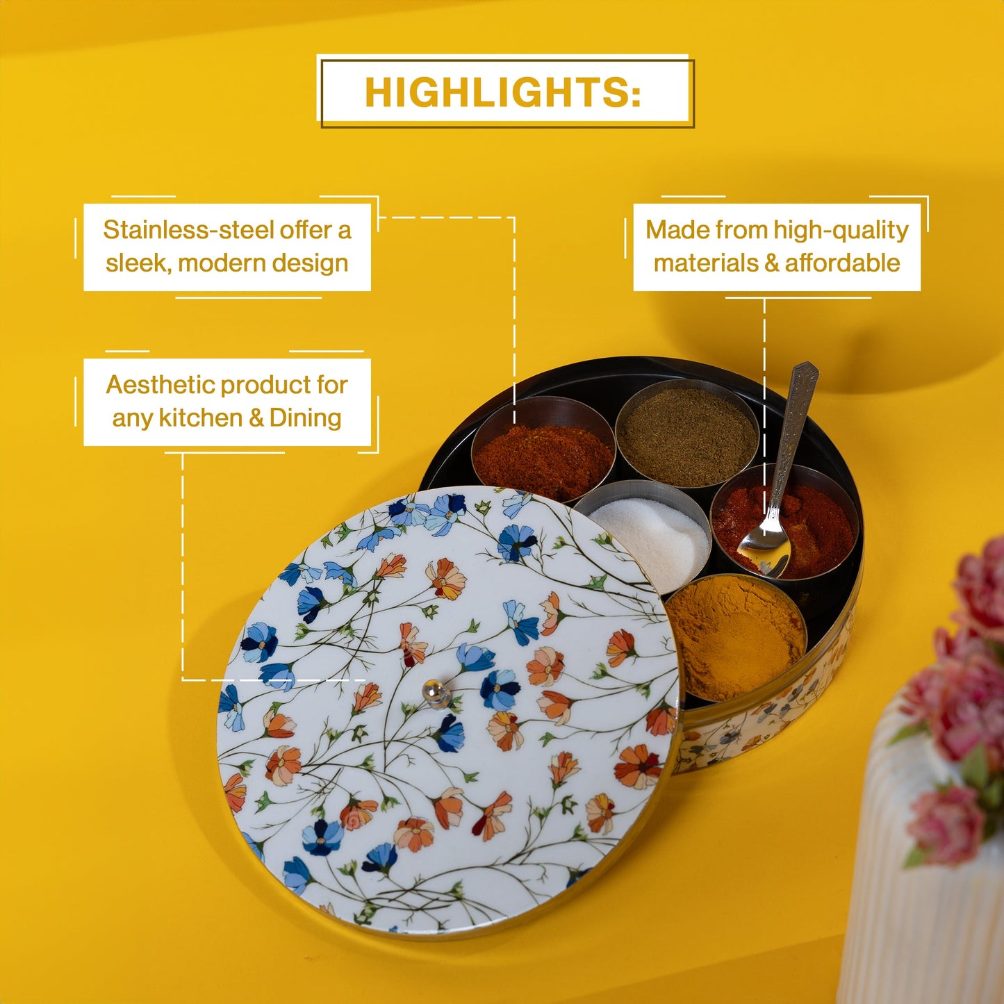Stainless Steel Round Spice Box Masala Box Dabba for Kitchen Decor-White Floral Prints Pattern