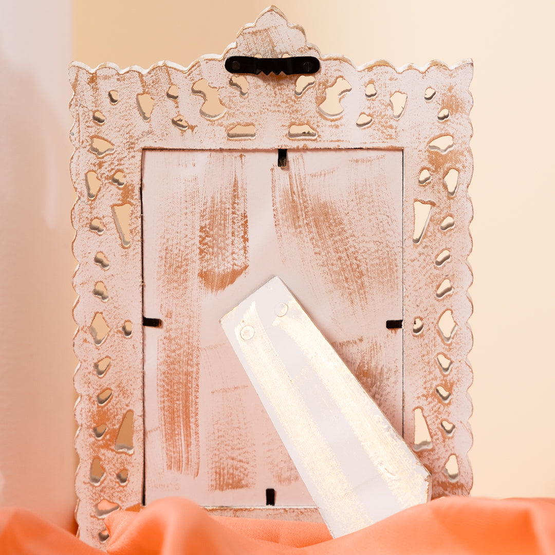 Wooden Wall Decor Mirror Photo Frame in White and Golden Hues-Wall Mount