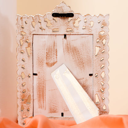 Wooden Wall Decor Mirror Photo Frame in White and Golden Hues-Wall Mount