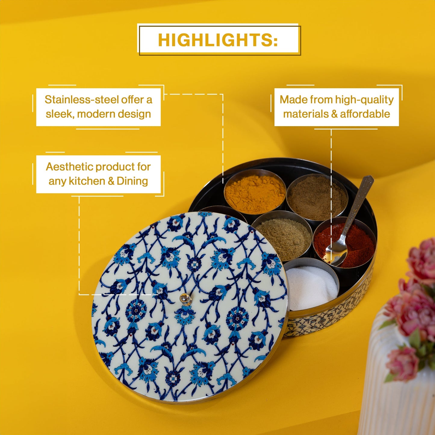 Stainless Steel Round Spice Box Masala Box Dabba for Kitchen Decor-Wild Floral Prints Pattern