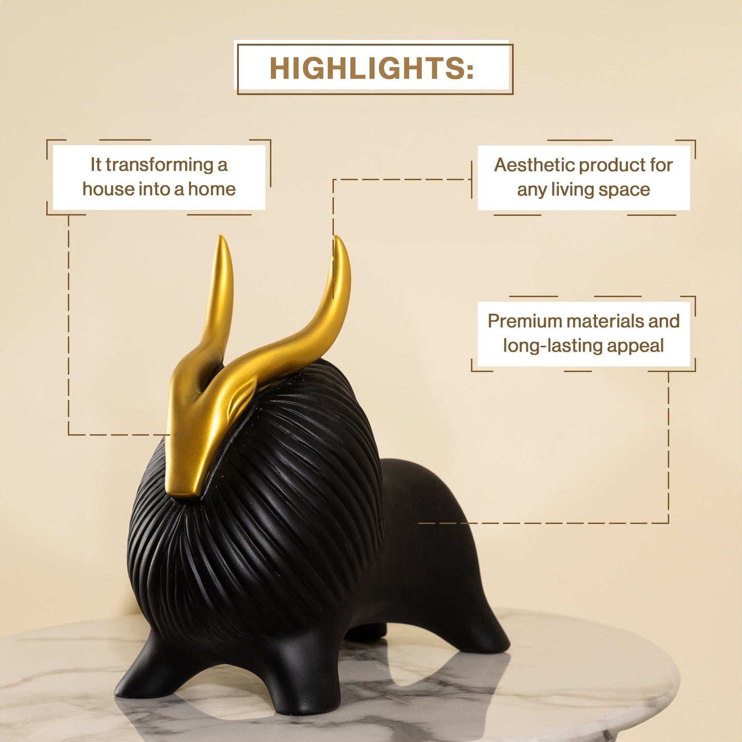 Abstract Geometric Black Yak Golden Statue for Home Decor