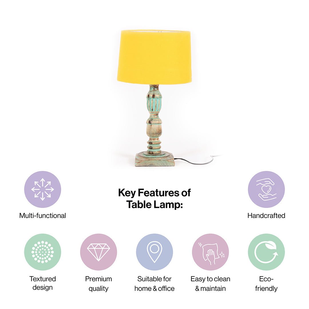 Wooden Piller Table Lamp with Light Blue Shade