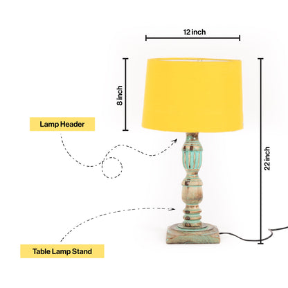 Wooden Piller Table Lamp with Light Blue Shade