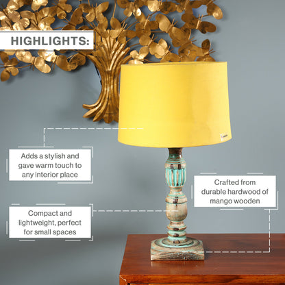 Wooden Piller Table Lamp with Light Blue Shade