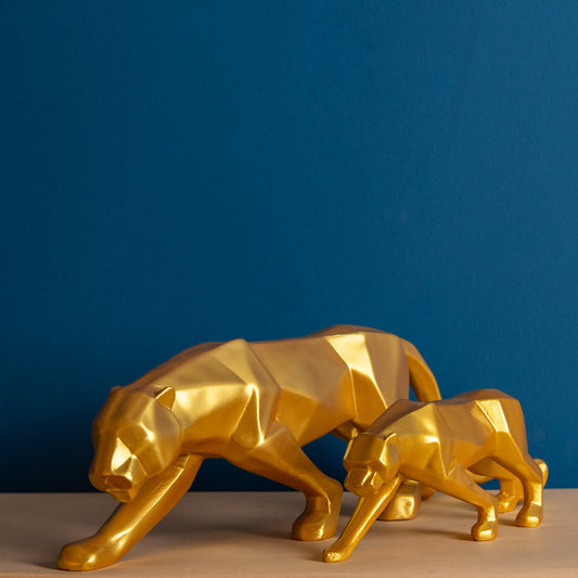 Geometric Big Golden Panther Showpiece Statue in Home Decor-Set of 2