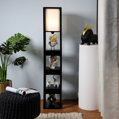 Mango Wood Floor Lamp with Three Drawer Shelf in Black