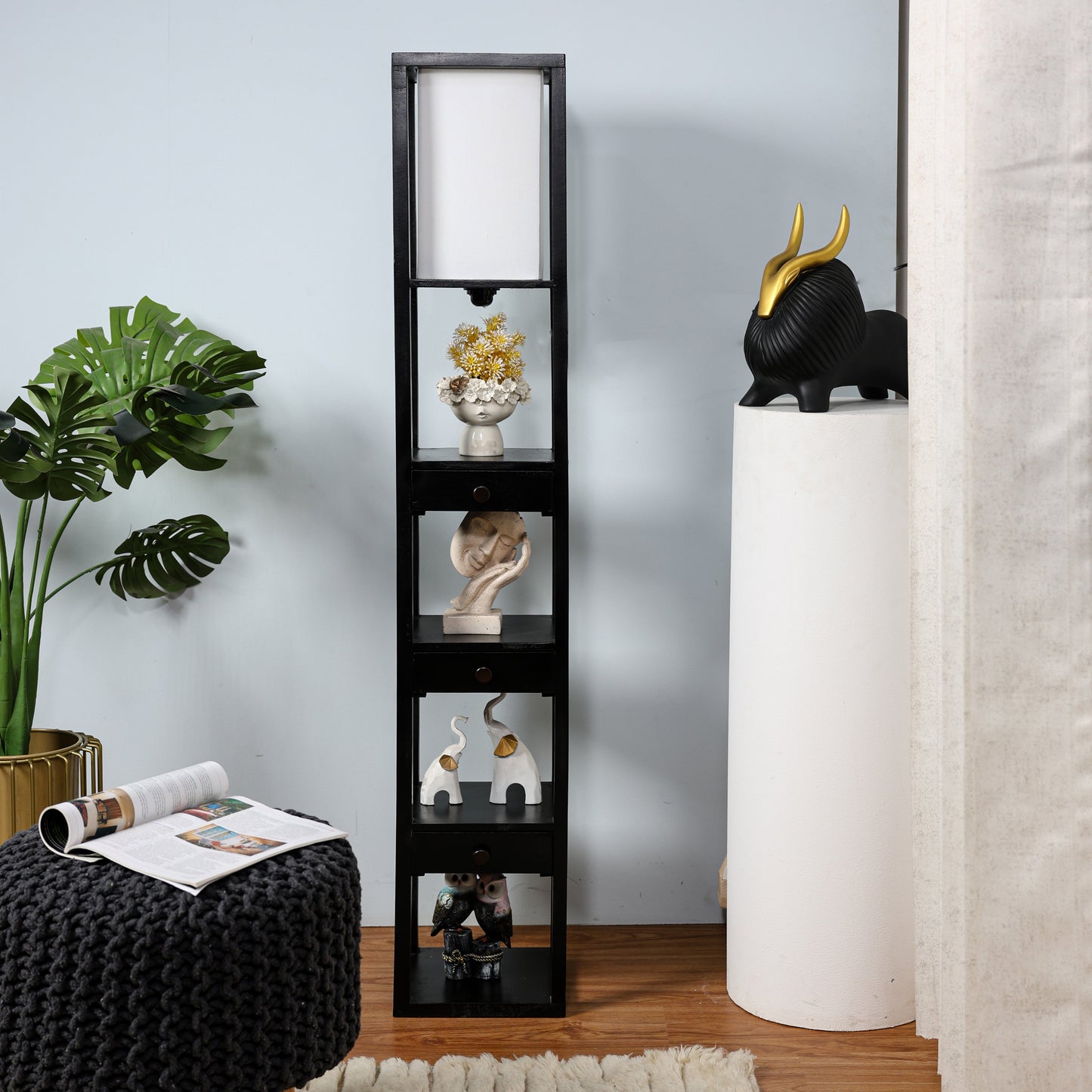 Mango Wood Floor Lamp with Three Drawer Shelf in Black