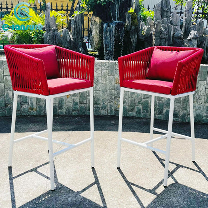 2-Piece Outdoor Rope Bar Stool Set – High-Back, Red, Weather-Resistant Patio & Balcony Chair || Out Area Furniture